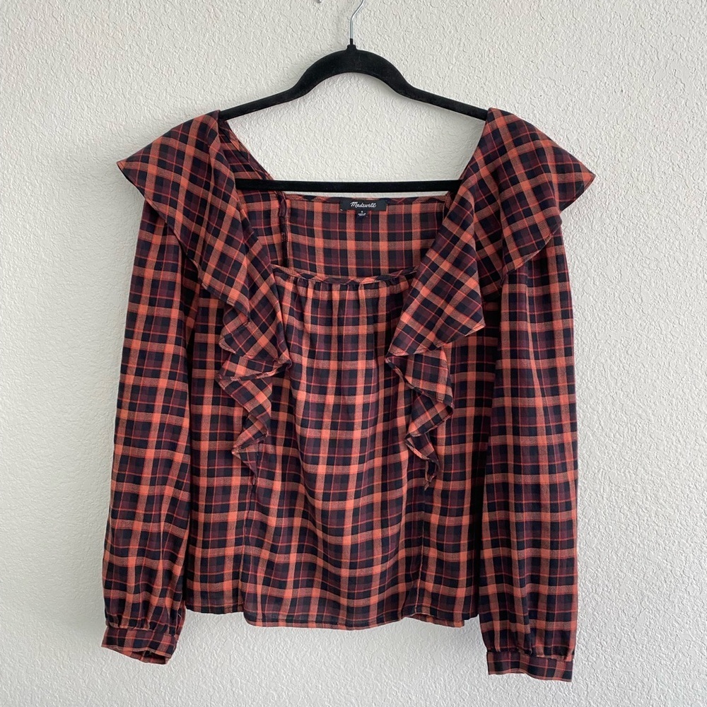 Madewell Ruffle Square Neck Blouse in Peach & Black Plaid Size Sz Cabincore Fall